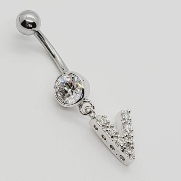 New 925 Sterling Silver Initial belly button ring "V" - Picture 1 of 3